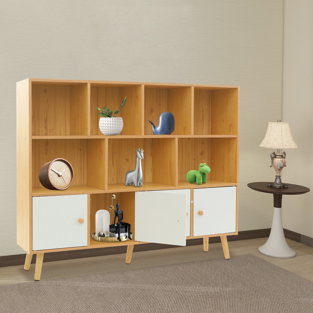 Open Bookshelf with Solid Wood Legs, Standing Open Bookshelf with 11 Compartment
