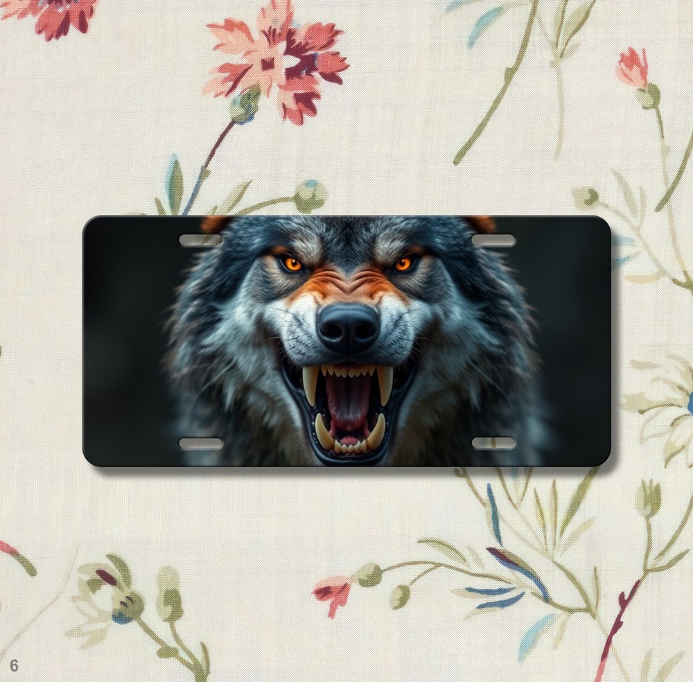 Realistic Wolf License Plate Snarling Design Add Text Front Bumper Plate Special