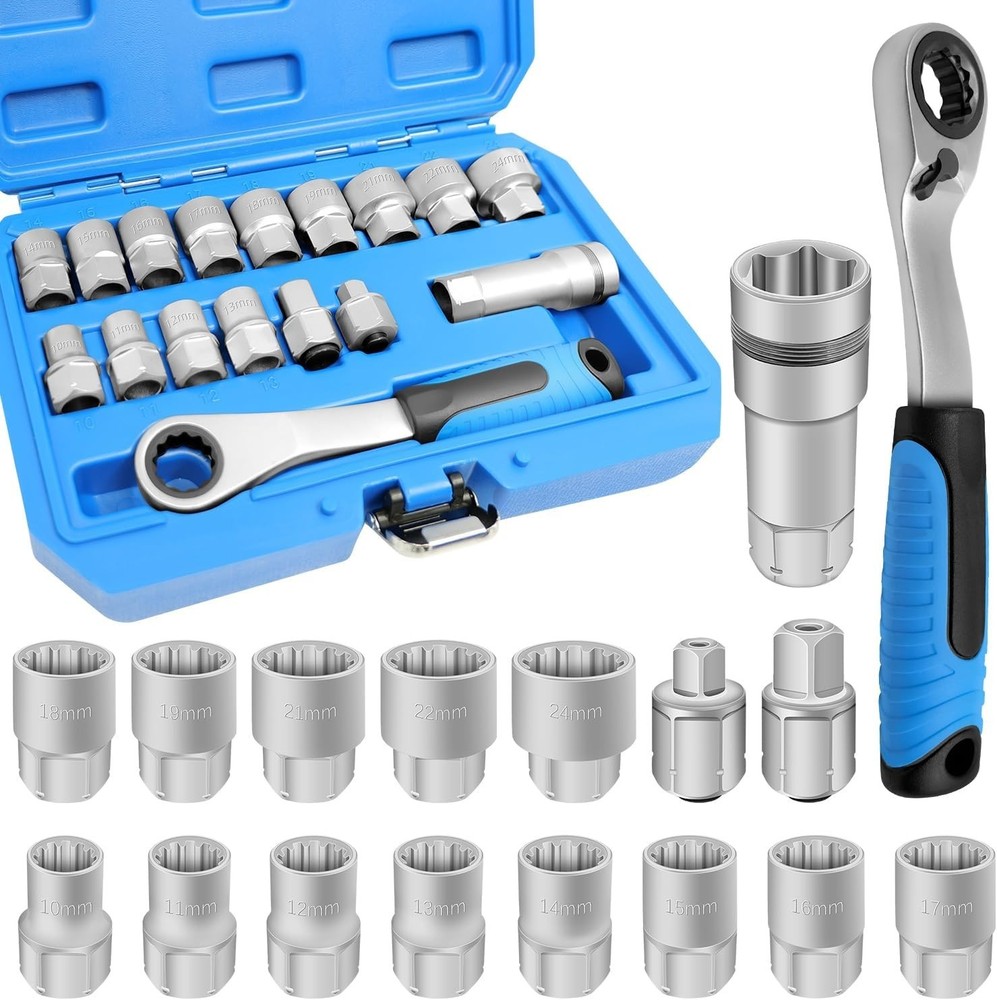 17PCS Pass Through Socket Set Chrome Vanadium Steel Space-Saving Efficient Grip