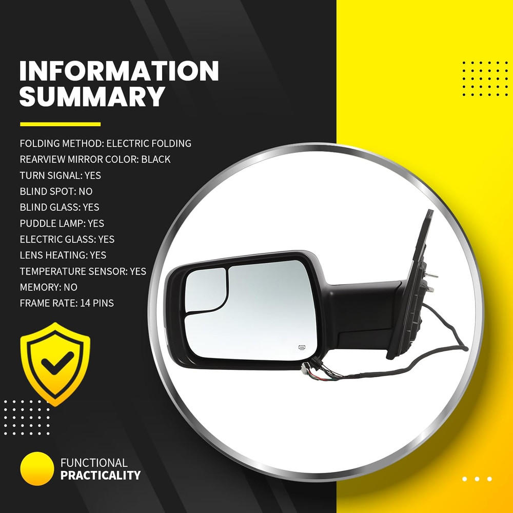 Left Driver Side Mirror Assembly Compatible with Ram 1500 2019-2025 Power Foldin