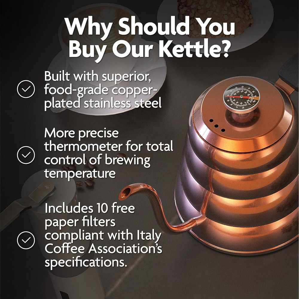Premium Copper Gooseneck Coffee Kettle with Thermometer - 40 Fl Oz