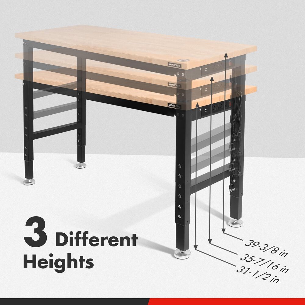 WORKPRO 48-in Adjustable Workbench Rubber Wood Top Heavy-Duty Hardwood Worktable