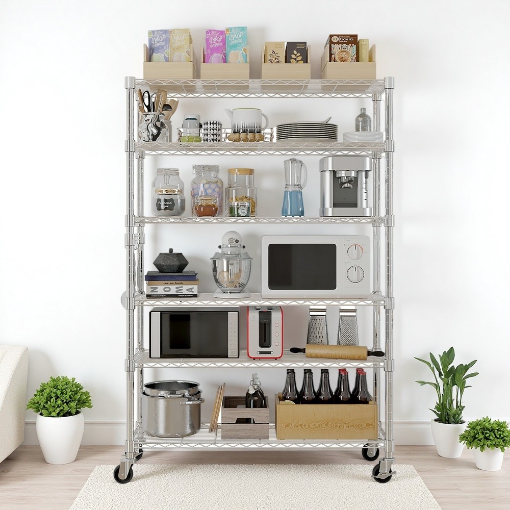 6-Tier Rolling Wire Shelving Unit - Heavy Duty, Adjustable, Hooks & Silver