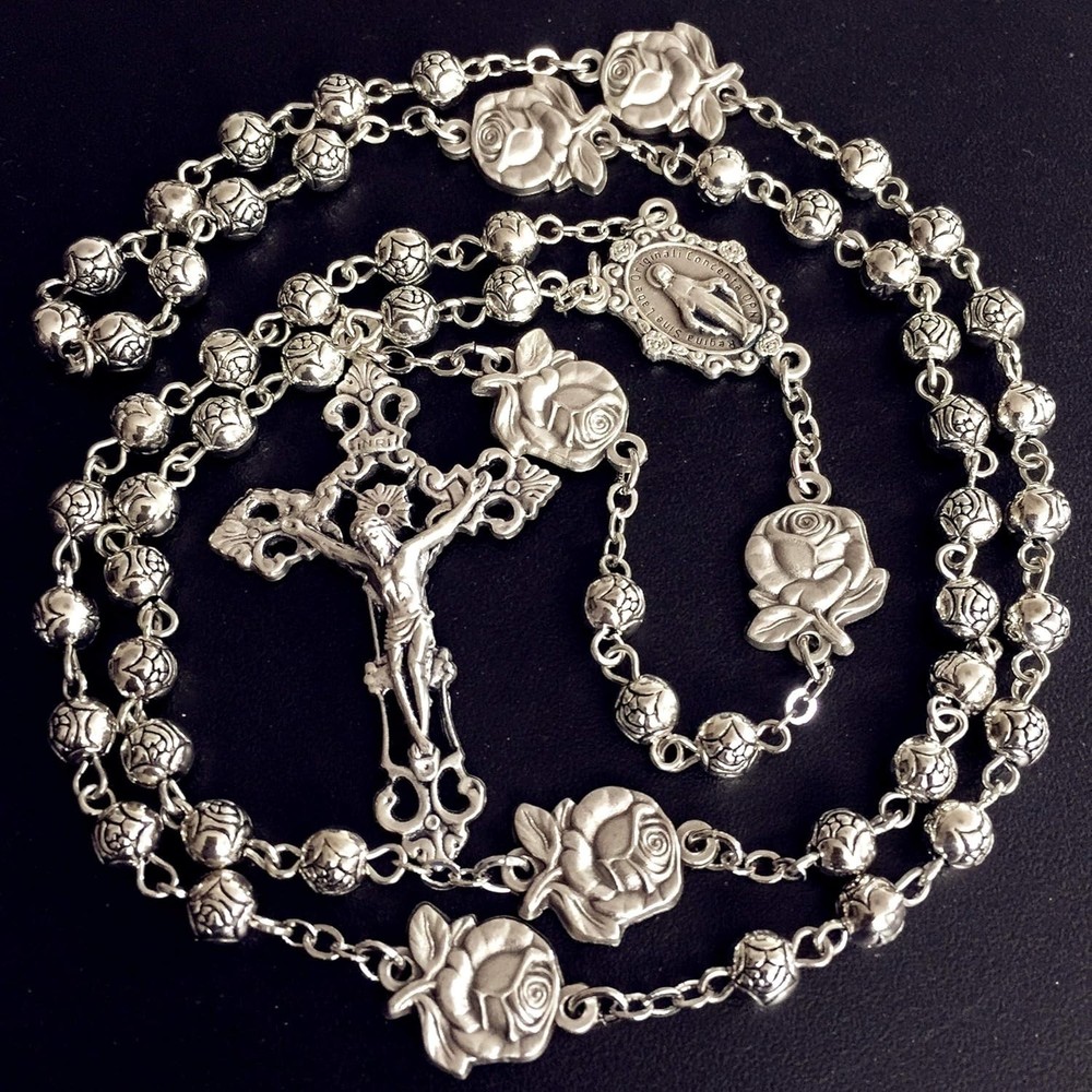 HANDMADE 925 Silver Rose Beads Catholic 5-Decade Rosary w Cross Gift Box Italy