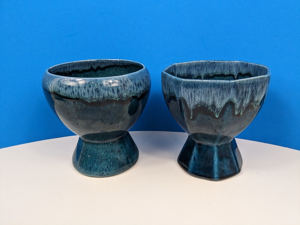 Blue Drizzle Planter Art Pottery Holders Stonewashed Glazed Pedestal Pair