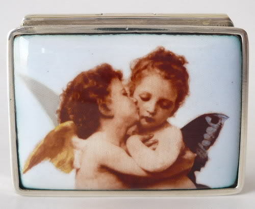 AUTHENTIC 925 SILVER TWO CUPIDS PORCELAIN PILL BOX SQUARE