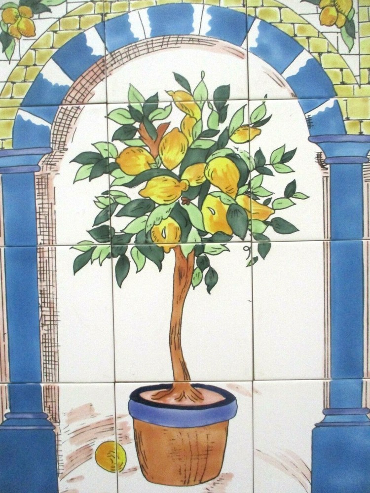Hand Painted Ceramic tile art wall mural panel Lemon Tree BACKSPLASH 18" x 24"