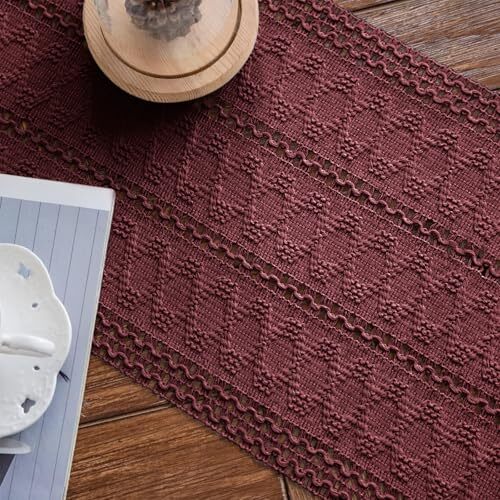 Macrame Table Runner Boho Table Runner with Tassels Hand 12"Wx71"L Burgundy