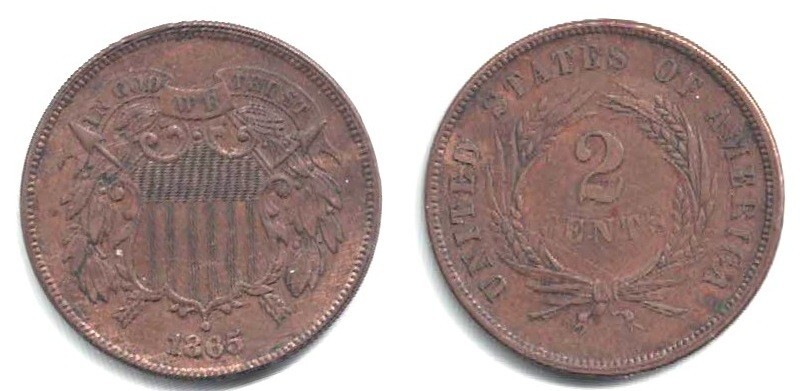 1865 2-cent Piece -- A Nice-Looking, Problem Free Coin in Extra Fine Condition