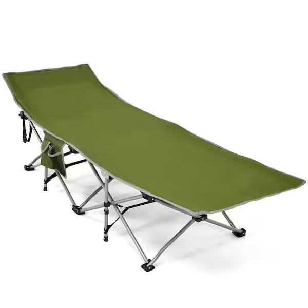 Folding Sturdy Elevated Camping Cot W/ Side Storage Pocket & Detachable Headrest