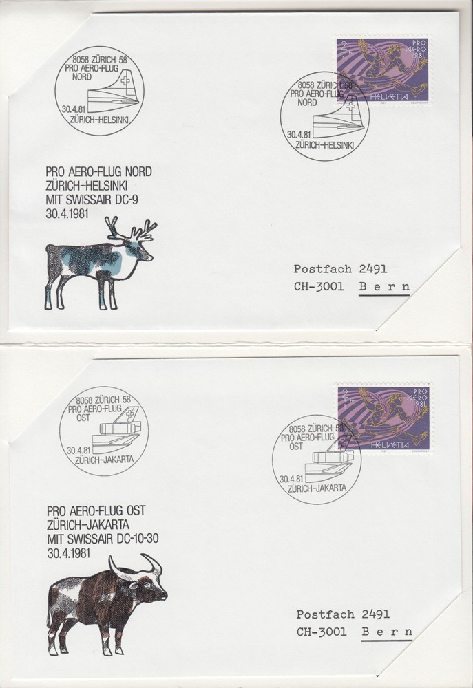 Switzerland Mi 1196 on 4 diff cacheted commemorative flight covers in folder