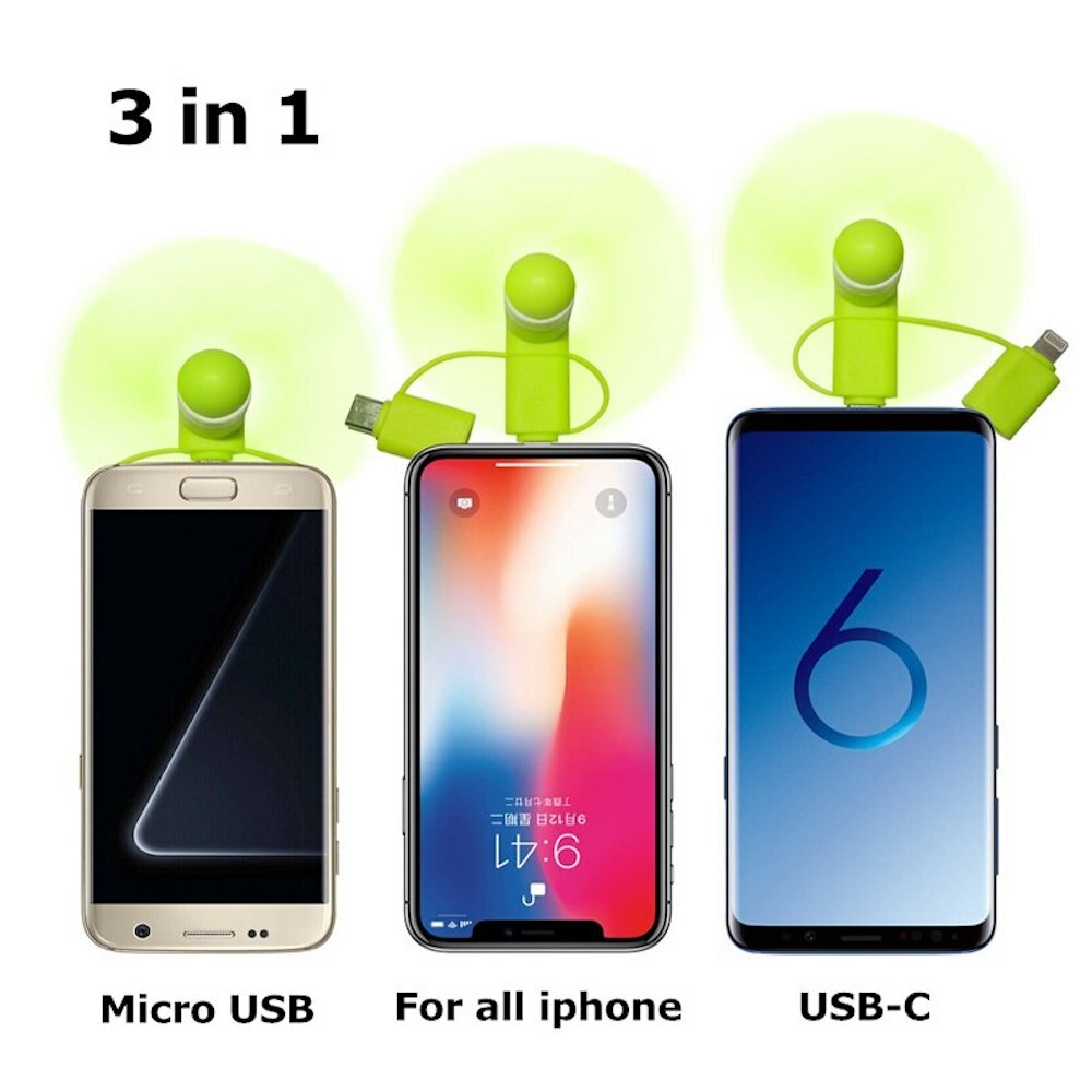 3-IN-1 smart PHONE COOLING Mini FAN for iPhone 5 6 7 8 X micro-B type-C android