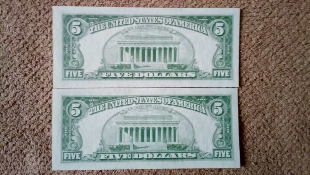 1963 PLAIN $5 FIVE DOLLAR CONSECUTIVE PAIR NOTES,VERY NICE,GEMU,CHICAGO-ISSUED