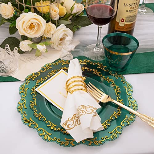 175PCS Clear Plastic Plates & Gold Plastic Silverware & Clear Cups & Green