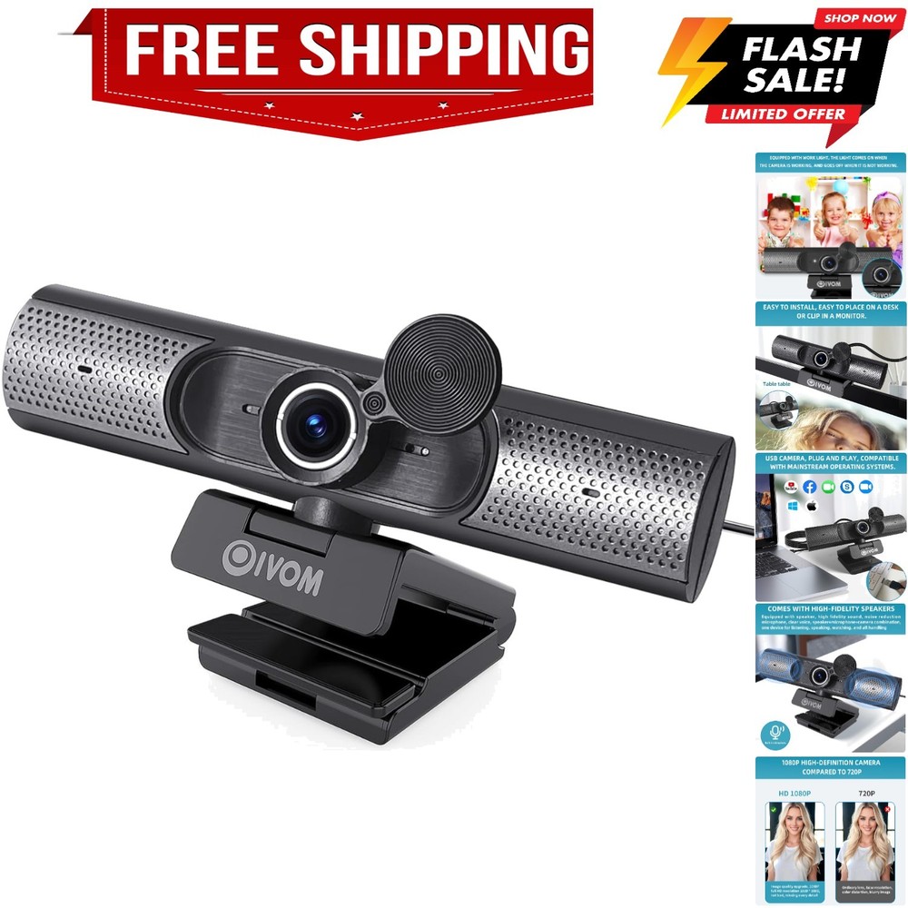 Webcam With Microphone and Speaker, 1080P Web Camera for Desktop Computer Lap...
