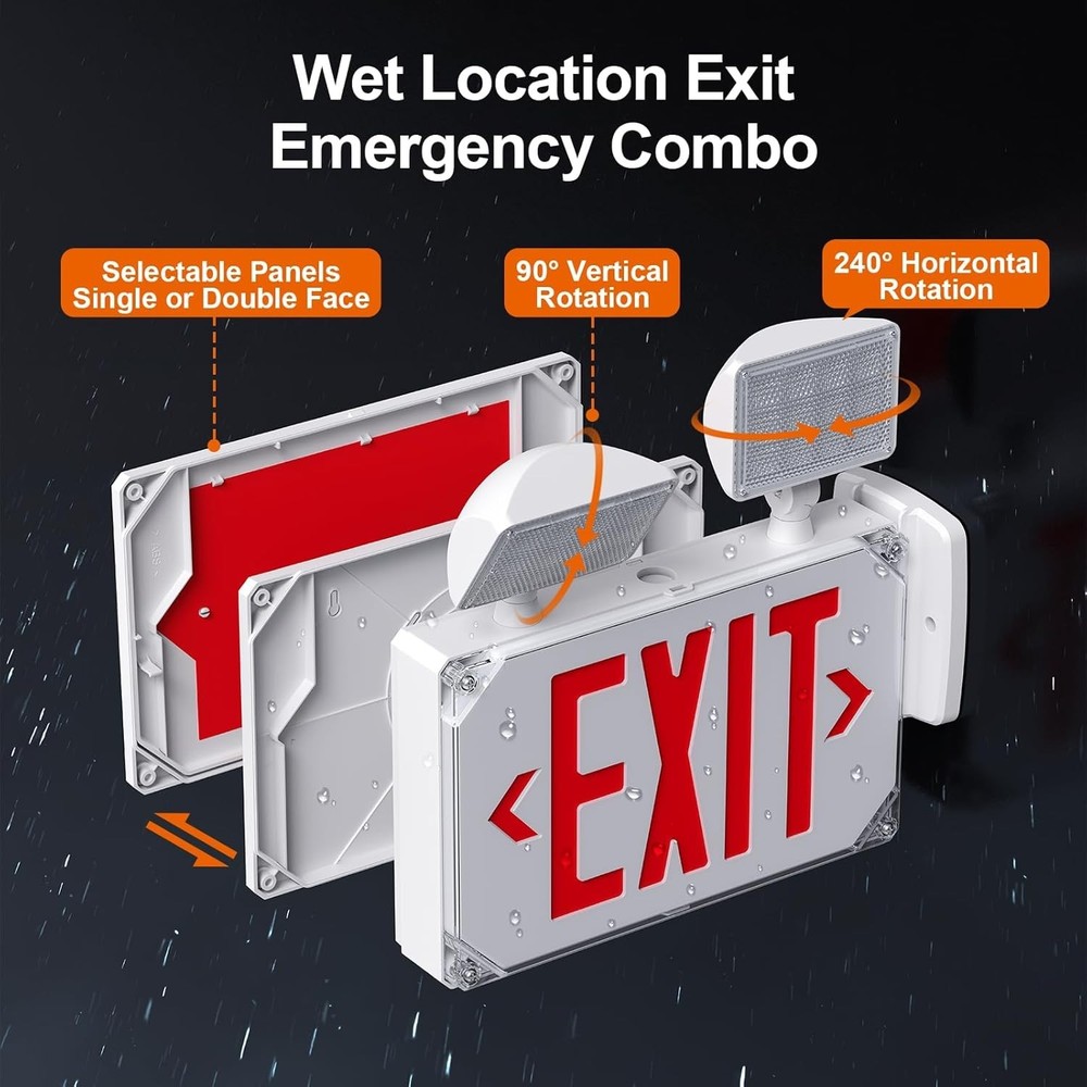 Wet Location Emergency Exit Sign Adjustable Light Battery Double Sided LED NOB