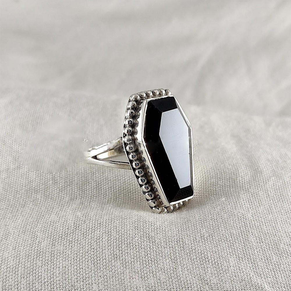 Solid 925 Sterling Silver Black Onyx Coffin Stone Gothic Victorian Handmade Ring
