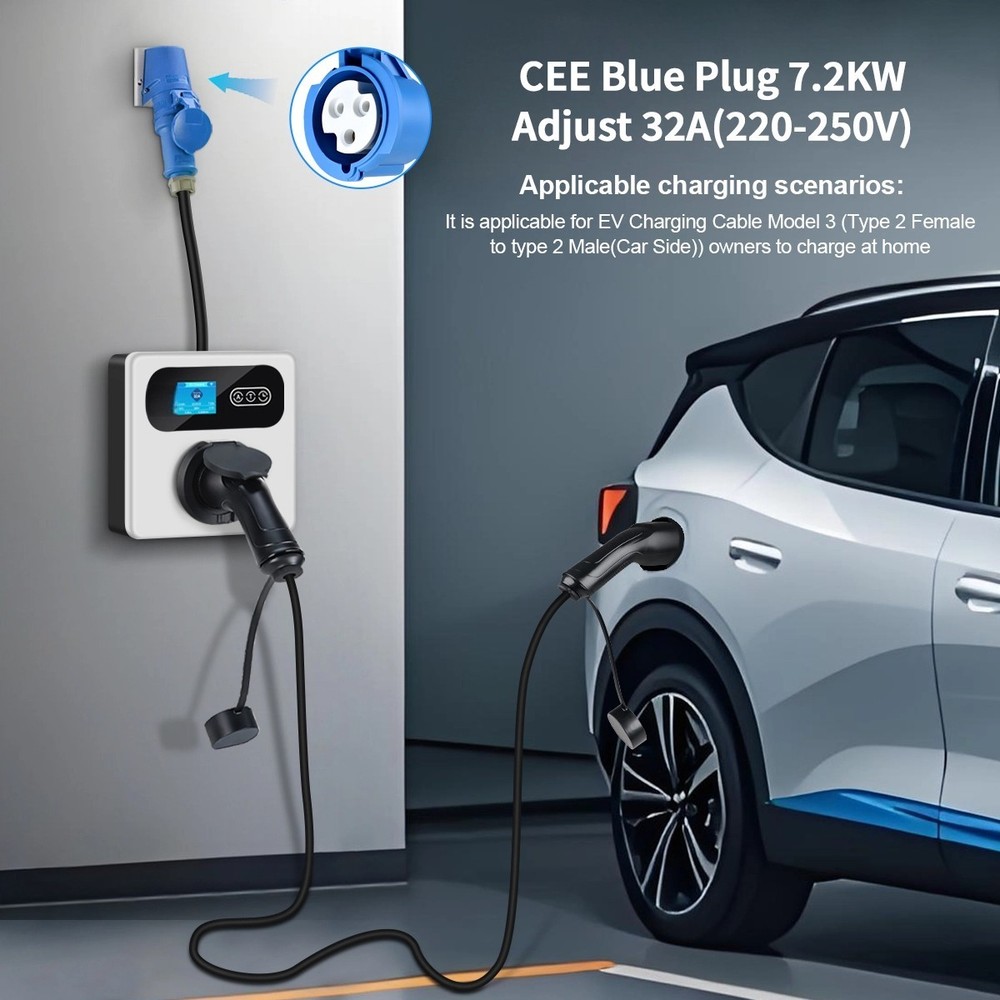 Portable Type 2 EV Wall Charger, 8A-32A Adjustable, 7kW 1-phase, Delay Timer