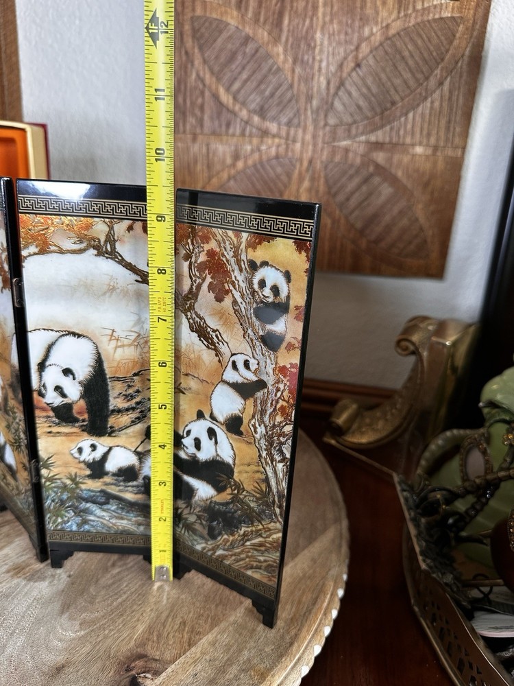 Chinese Panda Mini Folding Screen Black Lacquer Tabletop Art Boxed