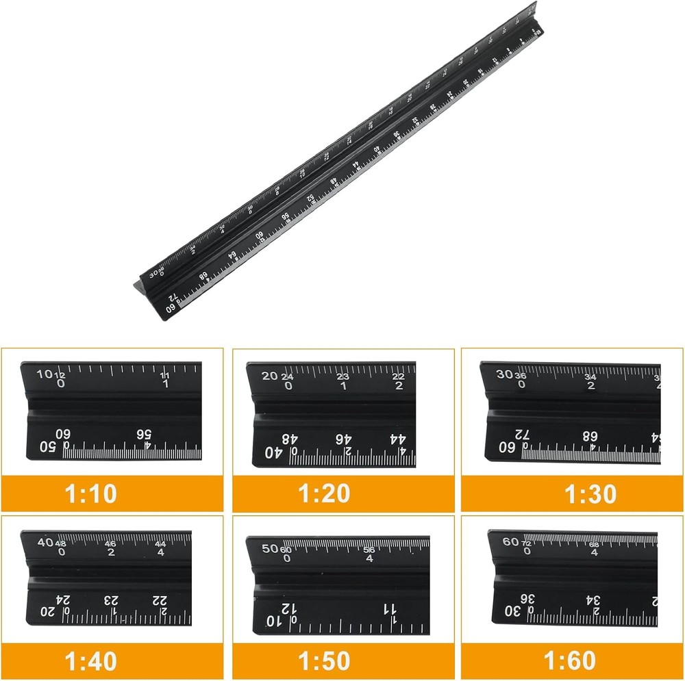 12" Metal Engineer Scale Ruler Triangular Drafting Tool 6 Scales Aluminum