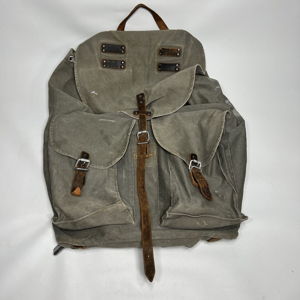 Vintage WWII Austrian Germany backpack Canvas Leather Trim