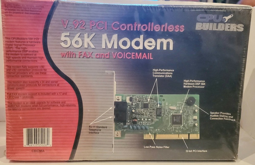 CPU Builder Retailer Box 56K Modem V92 PCI Controllerless Fax & Voicemail SEALED