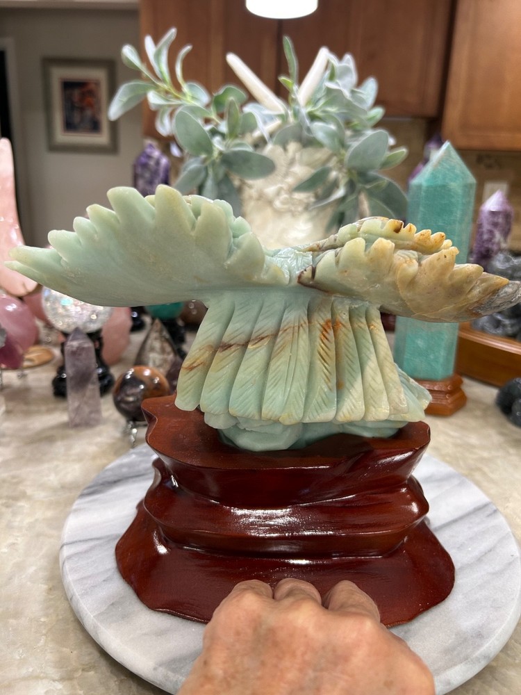 Amazonite Eagle hand carved on custom wood stand