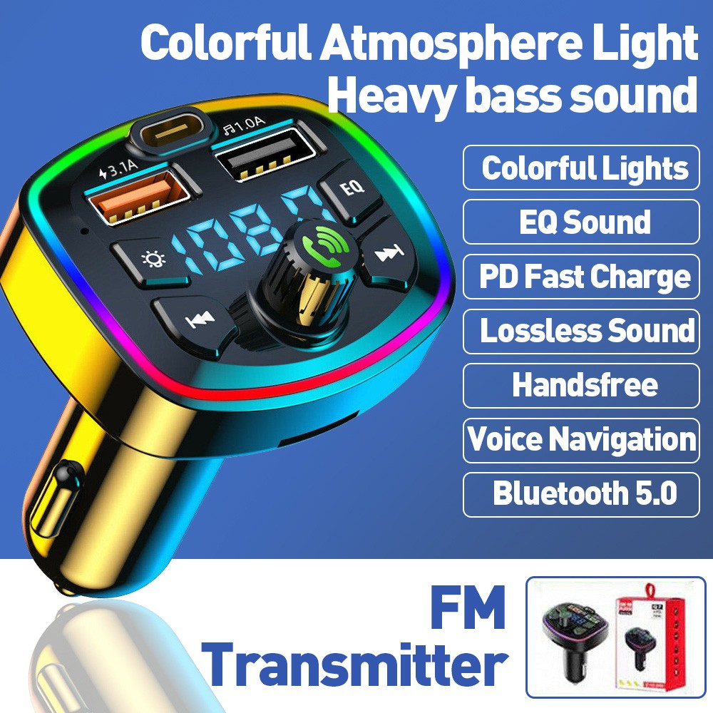 Wireless Bluetooth 5.0 Car Hands-Free FM Transmitter Adapter 2USB PD Charger US