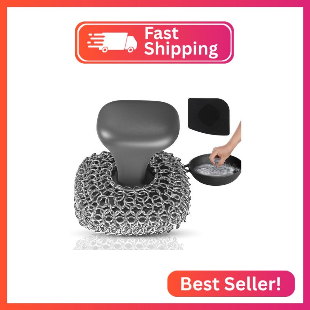 Cast Iron Scrubber, Cast Iron Cleaner with Pan Scraper, Chainmail Scrubber for C