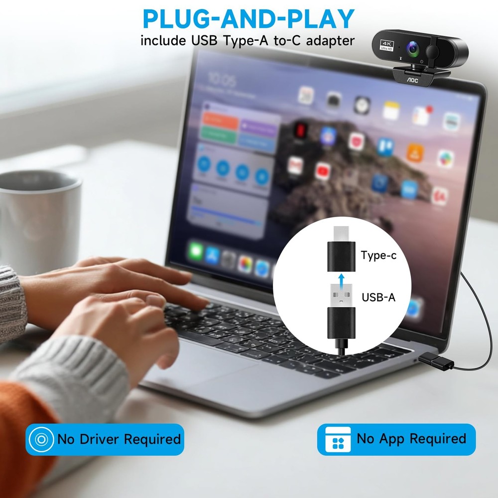 4k Webcam for PC with Microphone, Computer Camera with Noise Cancellation, Pr...