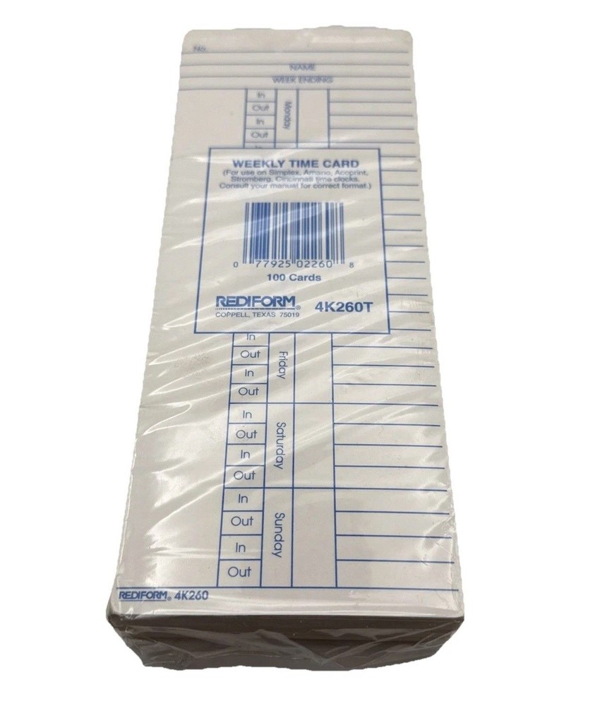 Rediform 4K260T Weekly Time Clock Cards 100 Pack Simplex Compatible