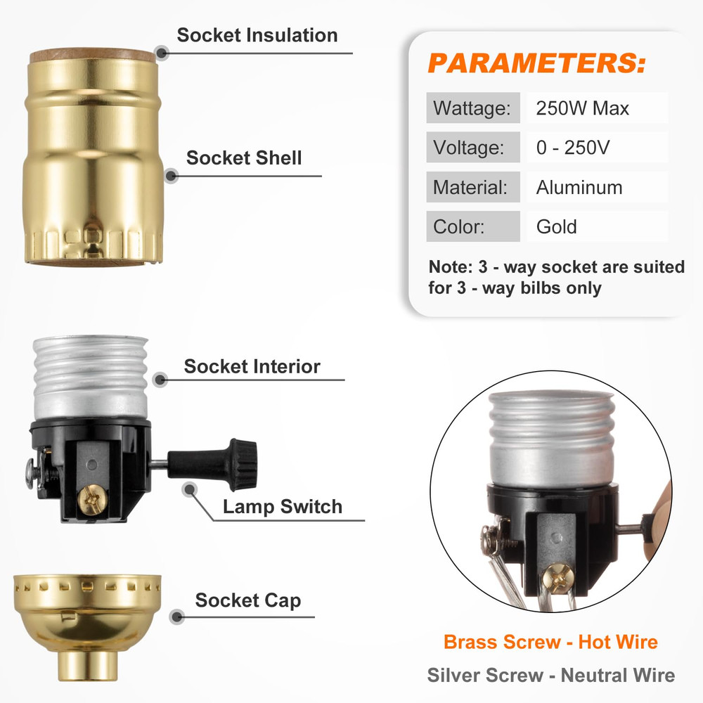 3 Way Lamp Socket Replacement, E26 Threaded Base, Turn Knob for Low-Medium-High