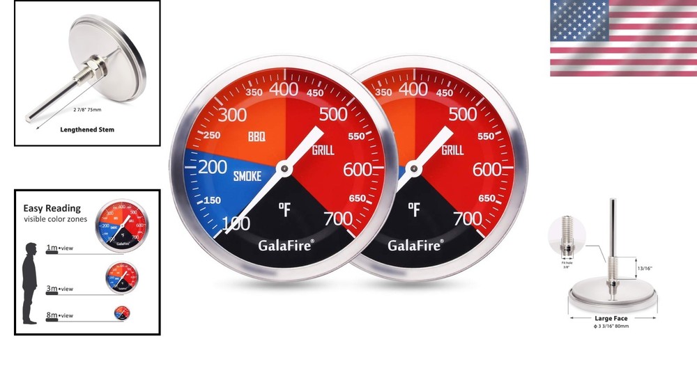 Large Dial BBQ Thermometer Gauge for Grill Pit, 2 Pack