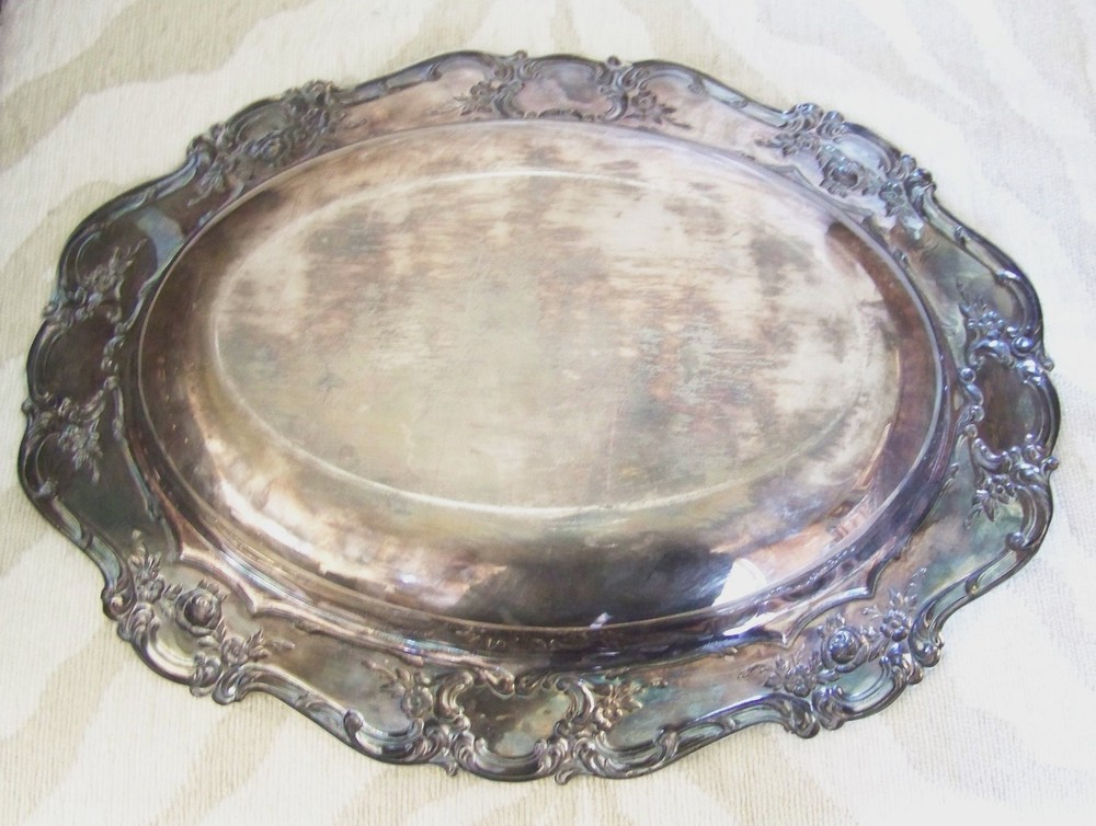 Vtg TOWLE SILVERPLATE OVAL Serving Tray ROSEBUD SCROLLWORK & PYREX Baking Dish