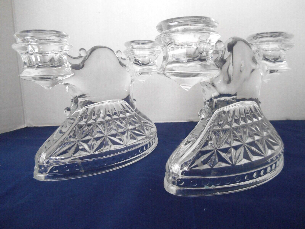 Vintage LE Smith Depression Mount Pleasant Shield Clear Glass Candleholders