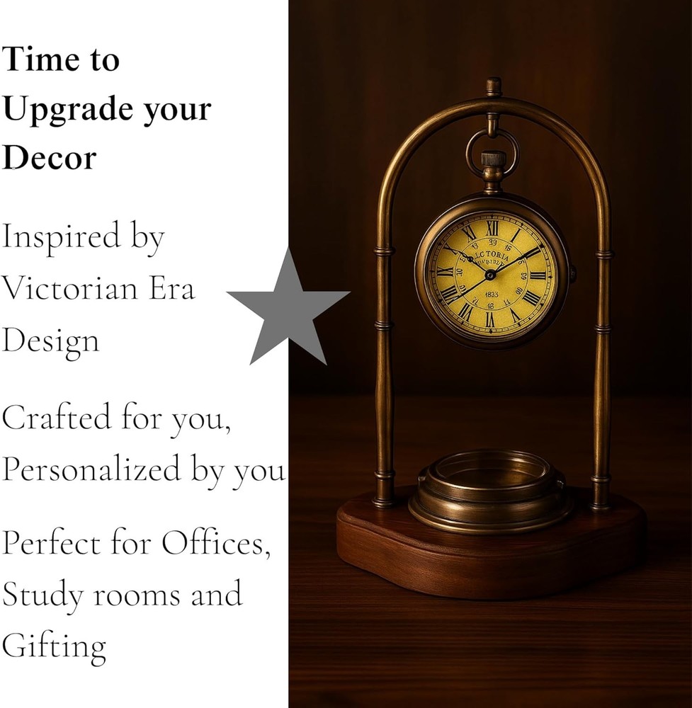 Personalized Victorian Brass Desk Clock with Integrated Working Compass -