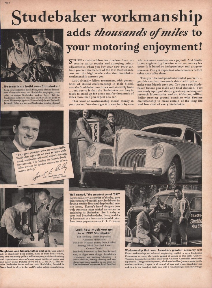 1939 Vintage Studebaker Workmanship Automobile Car Print Ad