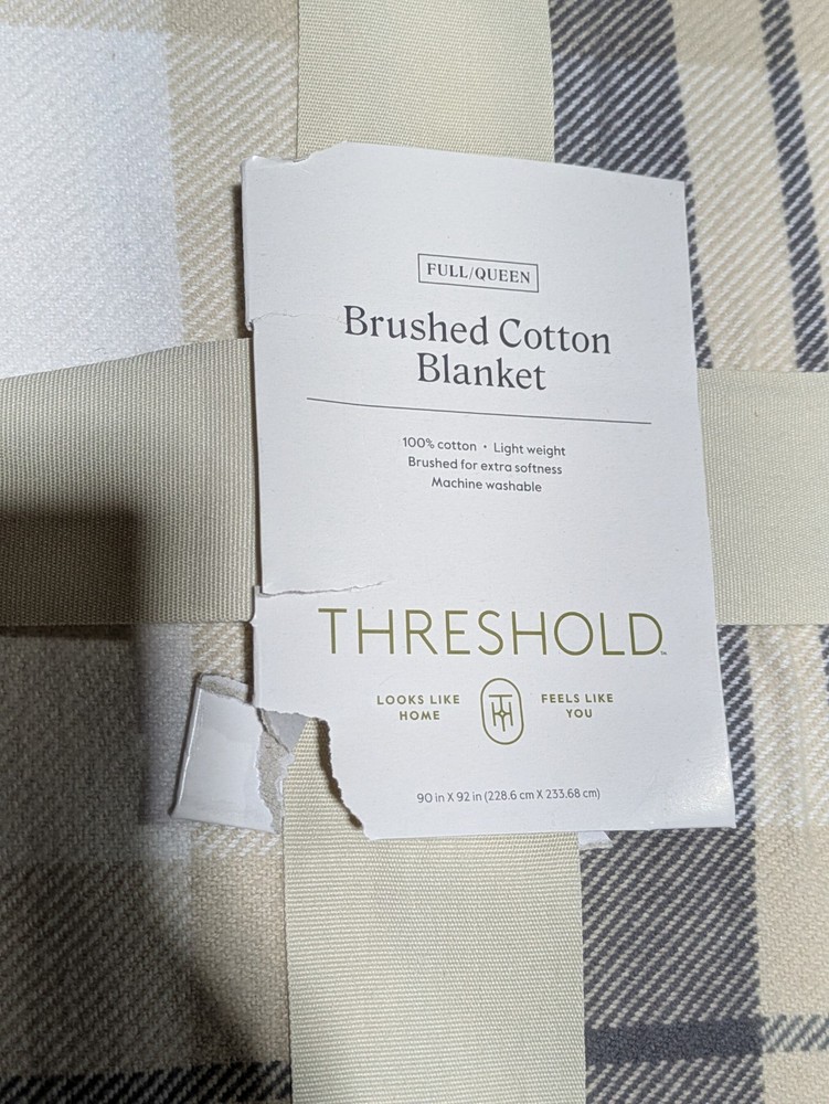 Full/Queen Brushed Cotton Blanket Neutral Plaid - Threshold