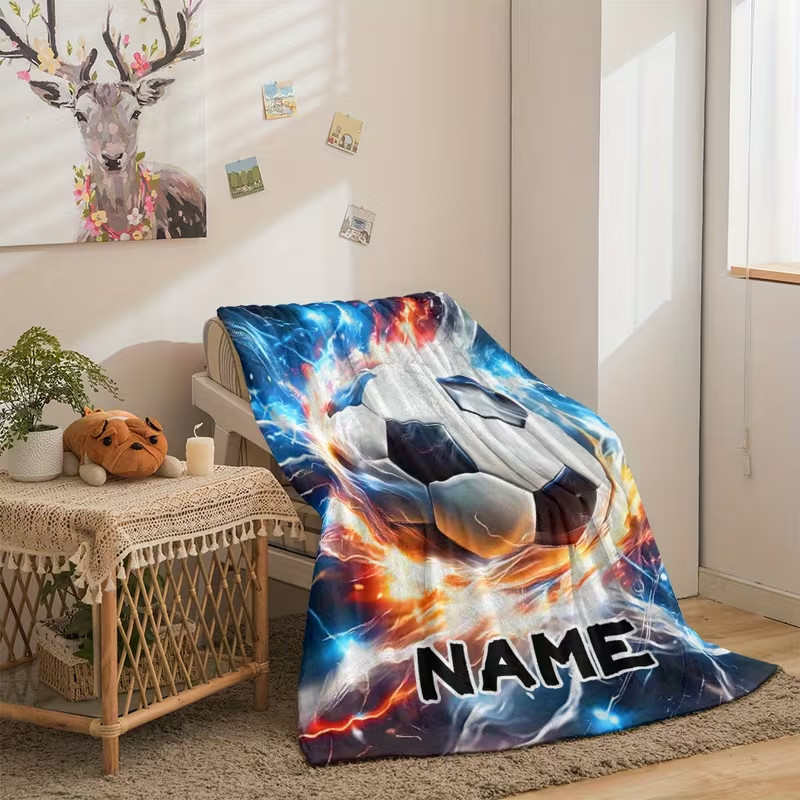 Personalized Soccer Theme Flannel Blanket Custom Name Cozy Sofa Throw