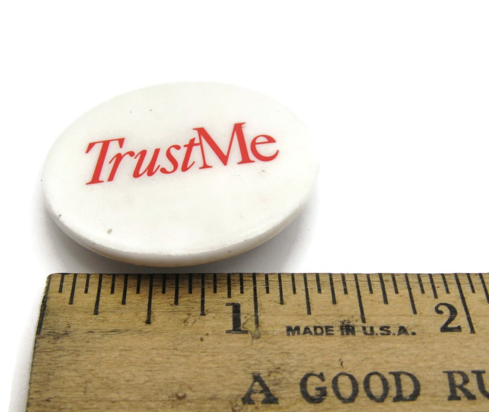 Vintage "Trust Me" Pinback Button Red Script Slogan Funny Ironic Lapel Pin