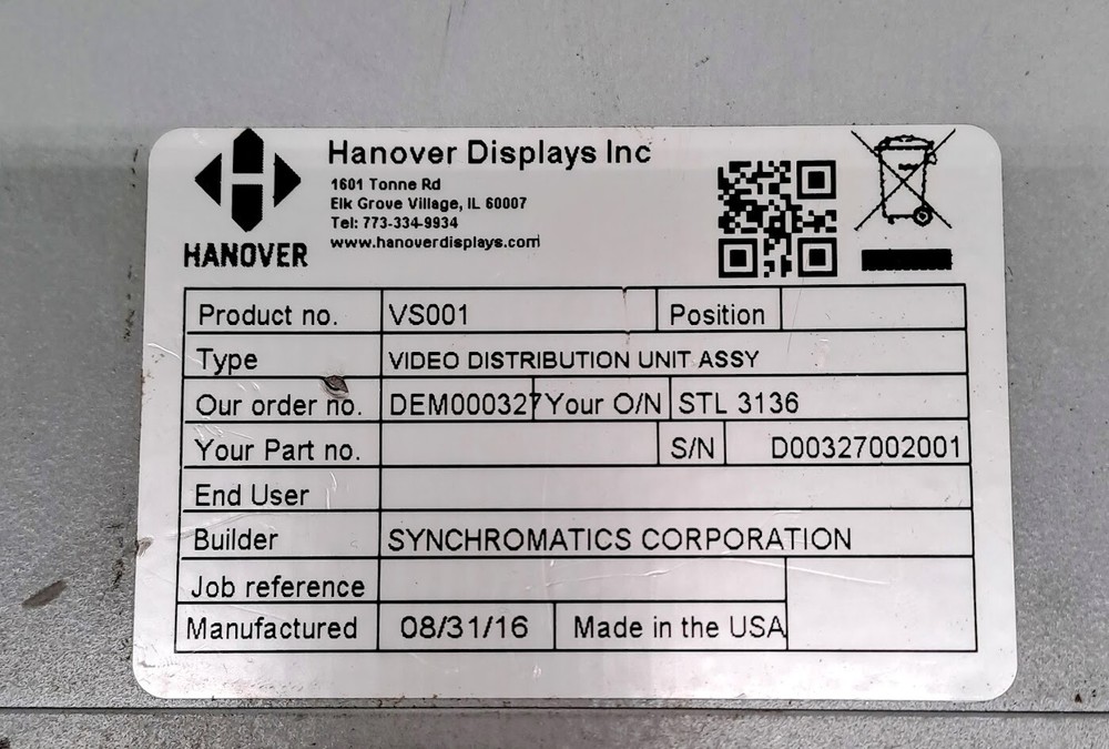 HANOVER DISPLAYS VS001 VIDEO DISTRIBUTION UNIT