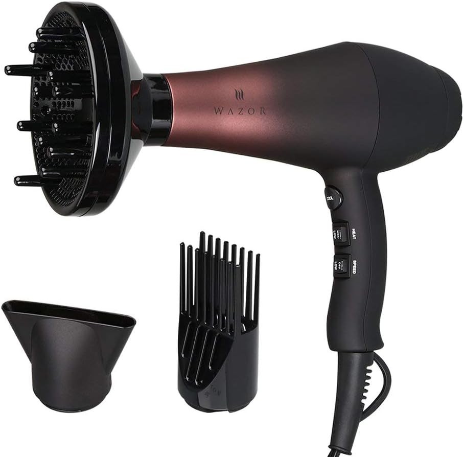 Wazor Professional Ionic Hair Dryer with Diffuser, 3 Piece Set, Black