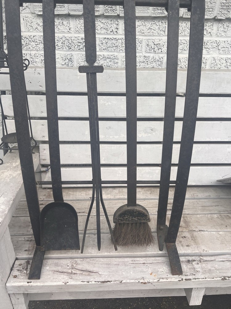 Primitive Style Distressed Iron Fireplace Tools & Rack 5pc Western Rustic