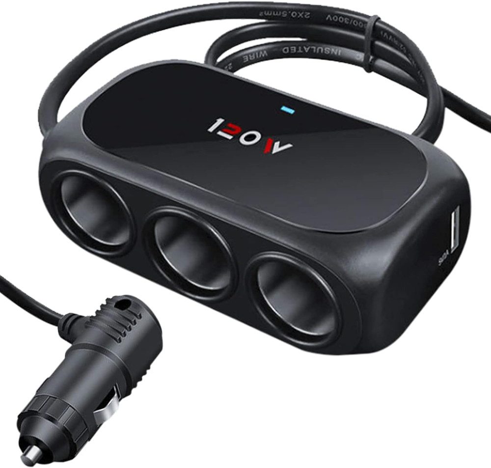 3-Socket Car Cigarette Lighter Splitter Adapter, 2 USB Splitter Extender [120W]
