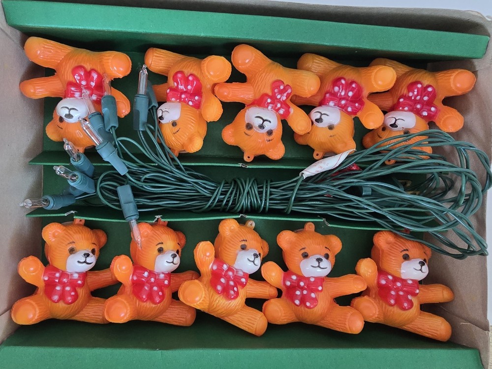 Vtg Christmas Teddy Bears String 10 Light Set Bronson Hard Plastic TESTED EUC