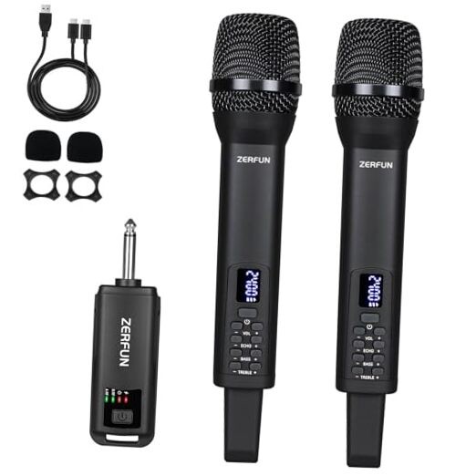 Dual Rechargeable Wireless Microphones, Pro Handheld Cordless 2 Mics, Black