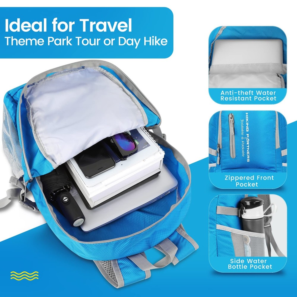 35L Lightweight Packable Backpack, Light Blue, Foldable, Water Resistant, Hike