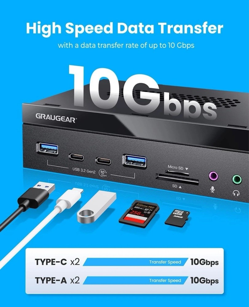 GRAUGEAR 5.25 Inch 10Gbps USB 3.2 PC Front Panel Card Reader with Audio Black