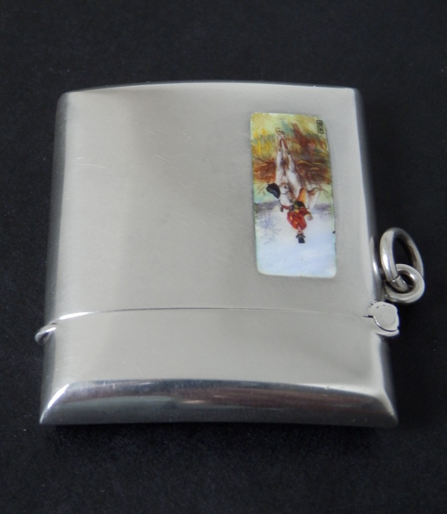 Antique Art Deco Solid Silver Enamel Vesta Case Huntsman Design