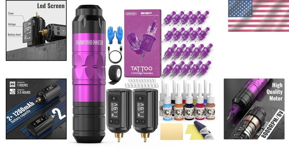 Complete Tattoo Experience: Wireless Machine, Ink Set & 20 Needles - Purple Kit